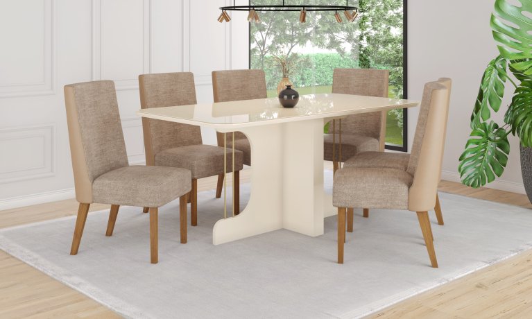 Mesa Mavi 1800 Arredondado com Vidro + 06 Cadeiras Anne Corano Bege